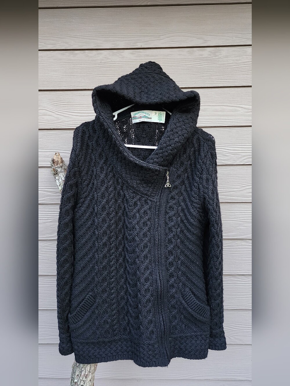 Aran Crafts Irish 100% Wool Black Hooded Cable Knit Cardigan with Celtic Charm
